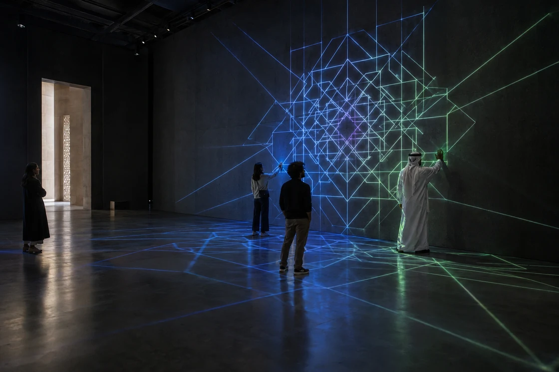 Visión conceptual de una sala contemporánea: visitantes crean juntos una geometría de luz azul, verde y violeta