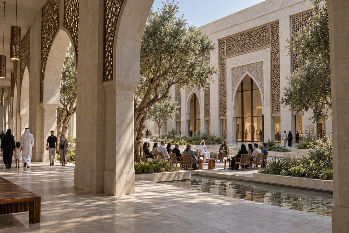 Visión del patio del museo: una conversación abierta entre visitantes junto al agua y los jardines